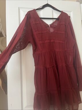 Free People Long Sleeve Tiered Dress in Burgundy